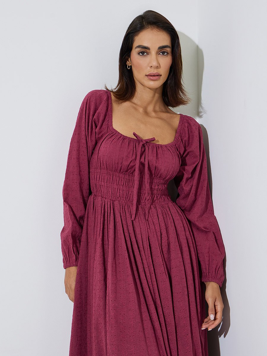 Burgundy Cotton Embroidered Smocked Midi Dress