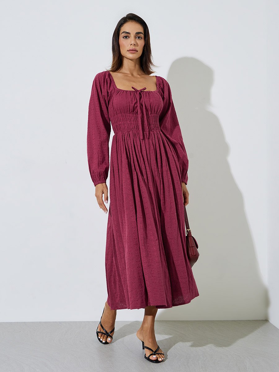 Burgundy Cotton Embroidered Smocked Midi Dress
