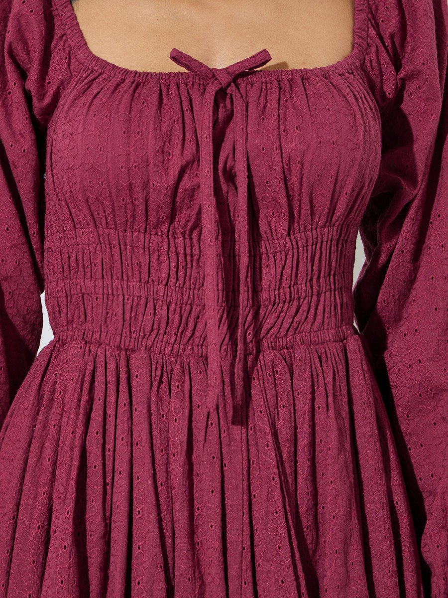 Burgundy Cotton Embroidered Smocked Midi Dress