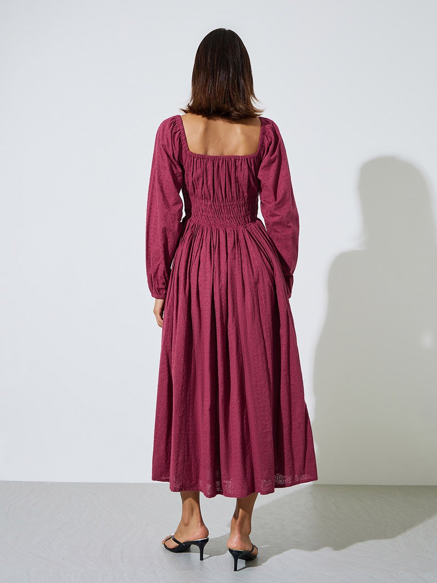 Burgundy Cotton Embroidered Smocked Midi Dress