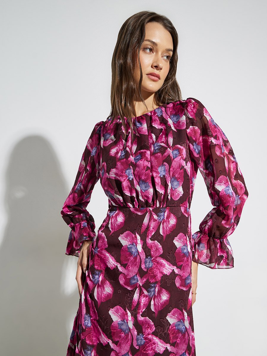 Magenta Floral Print Long Sleeves Maxi Dress