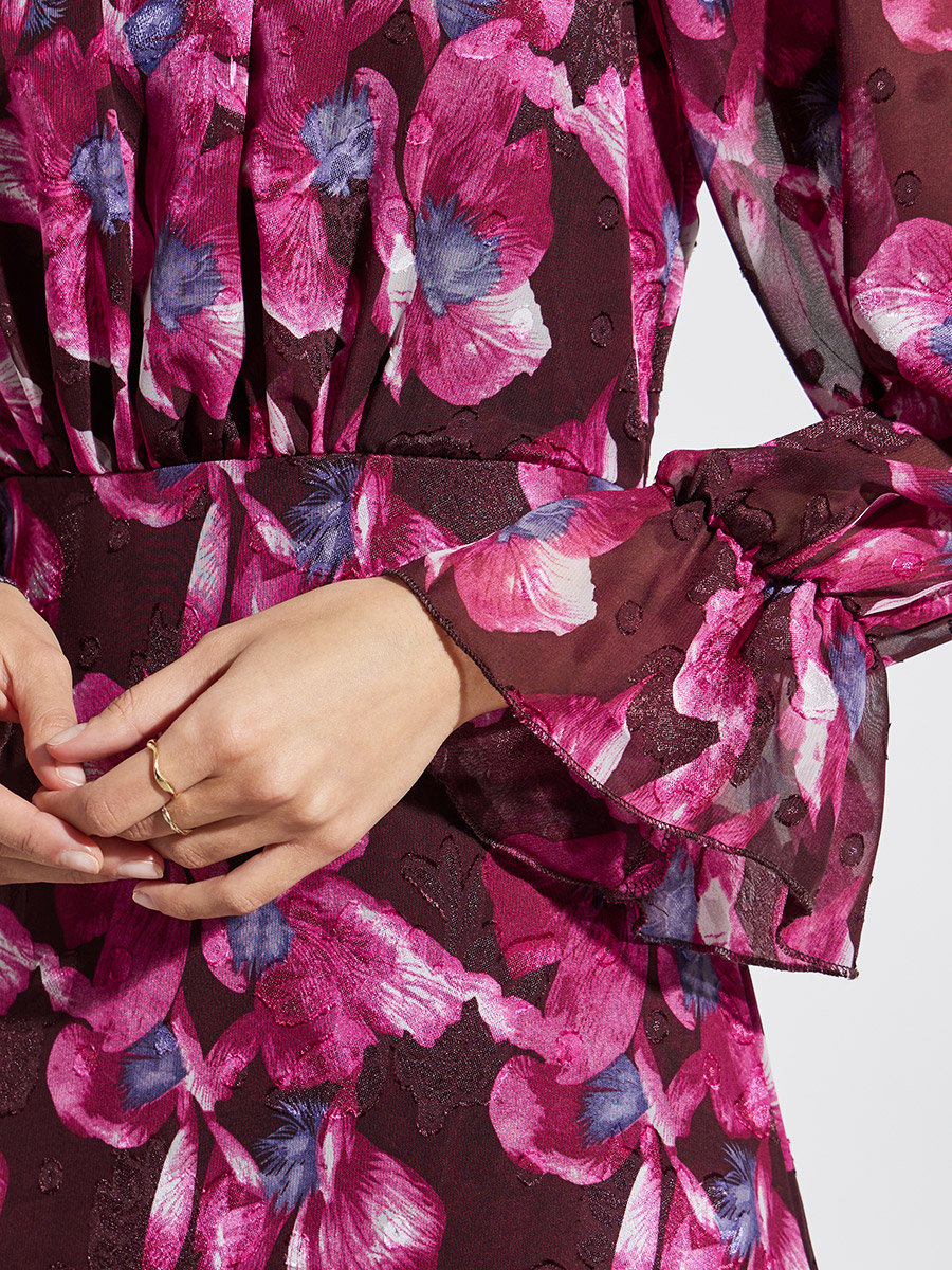 Magenta Floral Print Long Sleeves Maxi Dress