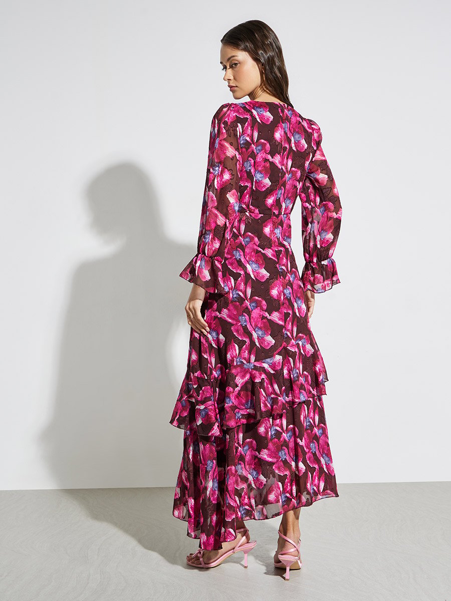 Magenta Floral Print Long Sleeves Maxi Dress