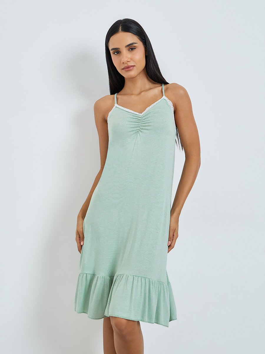 Green Contrast Lace Trim Ruffle Hem Slip Dress