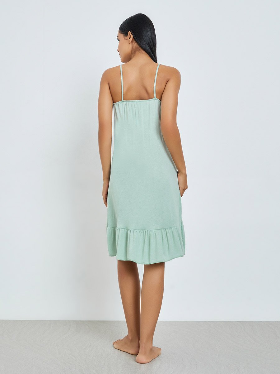 Green Contrast Lace Trim Ruffle Hem Slip Dress