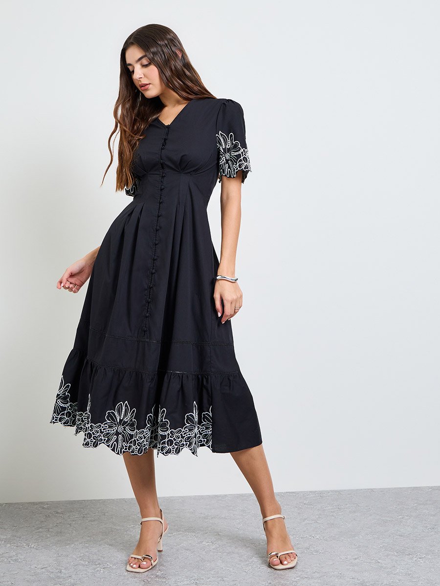 Black Contrast Embroidered A-Line Midi Dress
