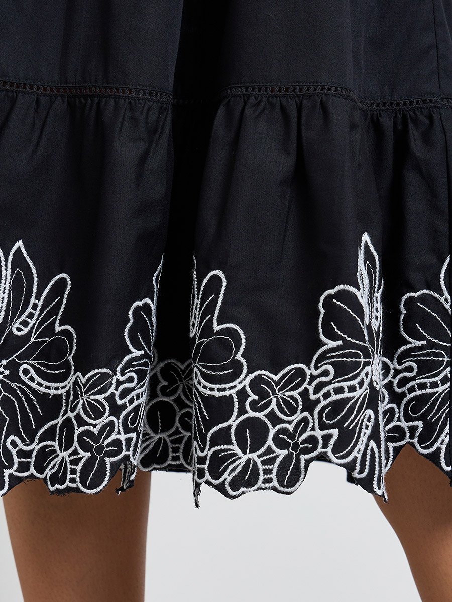 Black Contrast Embroidered A-Line Midi Dress