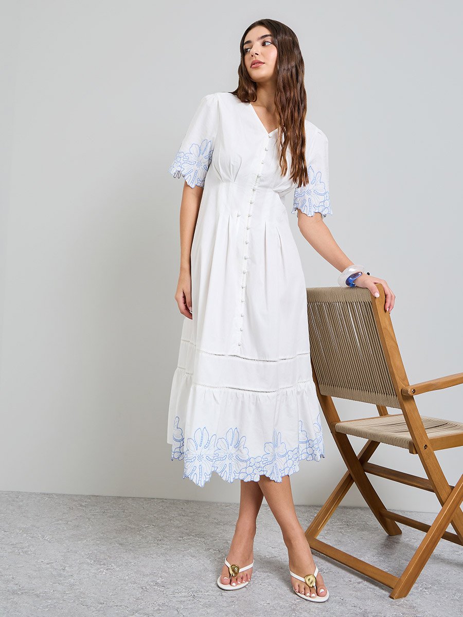 White Contrast Embroidered A-Line Midi Dress