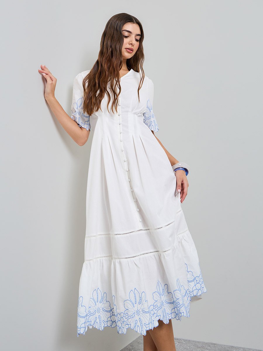 White Contrast Embroidered A-Line Midi Dress
