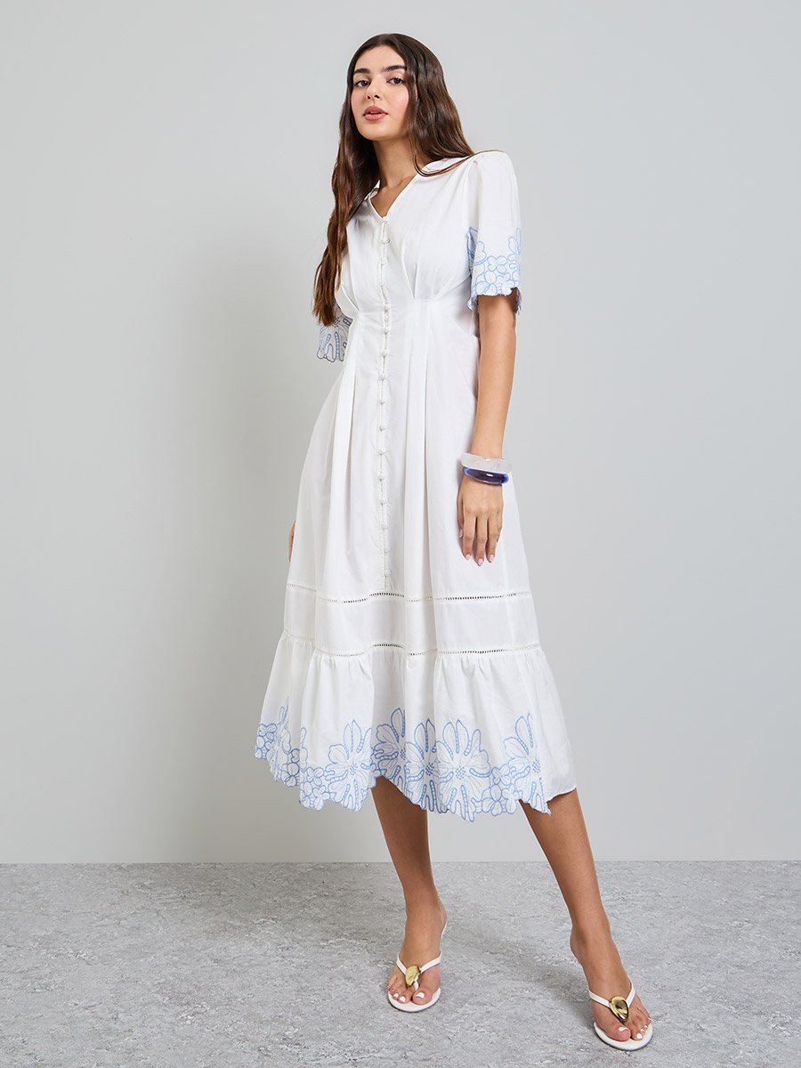 White Contrast Embroidered A-Line Midi Dress