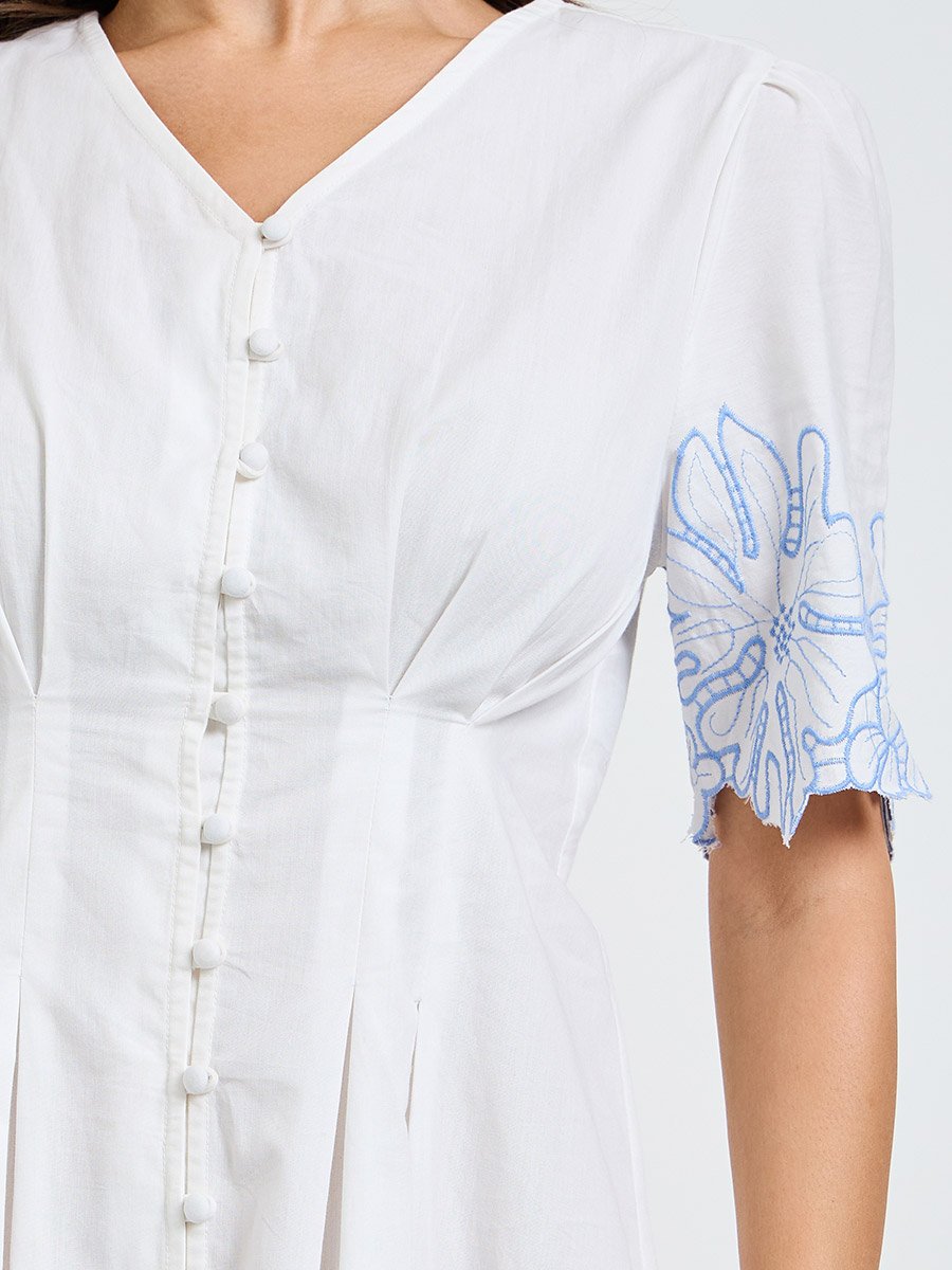 White Contrast Embroidered A-Line Midi Dress