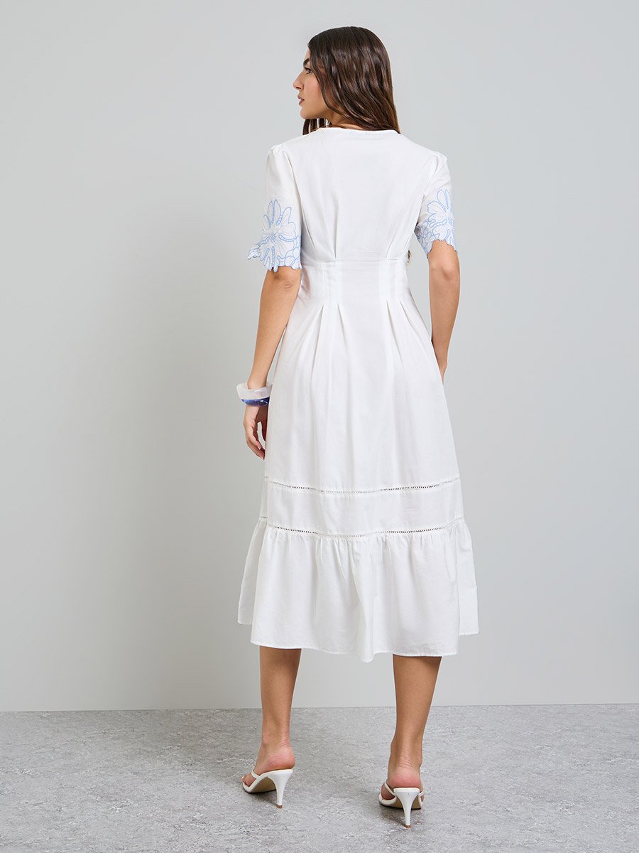 White Contrast Embroidered A-Line Midi Dress
