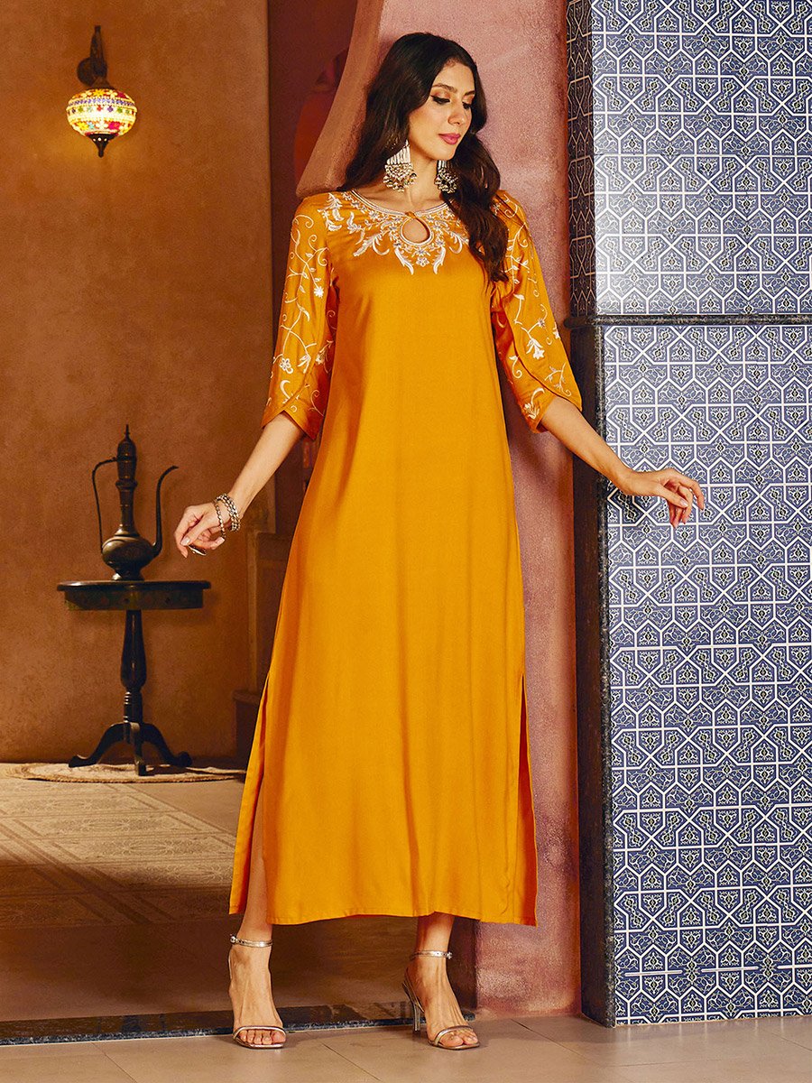 Mustard Embroidered Neck Rayon Jalabiya Dress