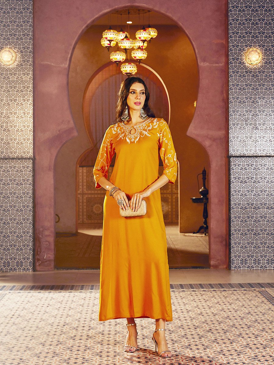 mustard embroidered dress SAMPLE - Deep V Day Gown - MIDI main image 1