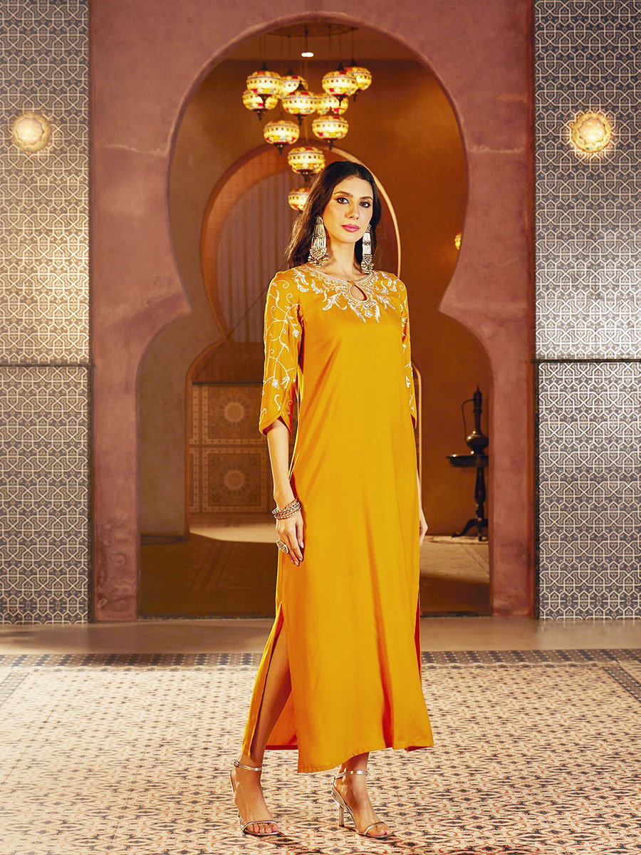 Mustard Embroidered Neck Rayon Jalabiya Dress