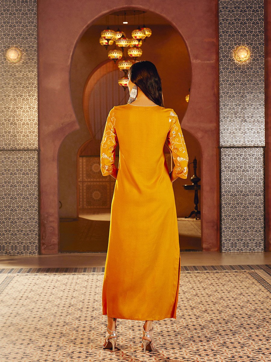 Mustard Embroidered Neck Rayon Jalabiya Dress