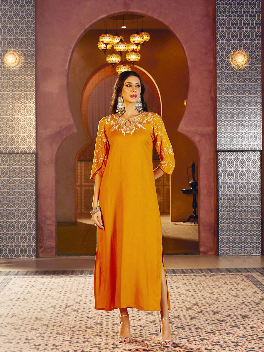 Mustard Embroidered Neck Rayon Jalabiya Dress