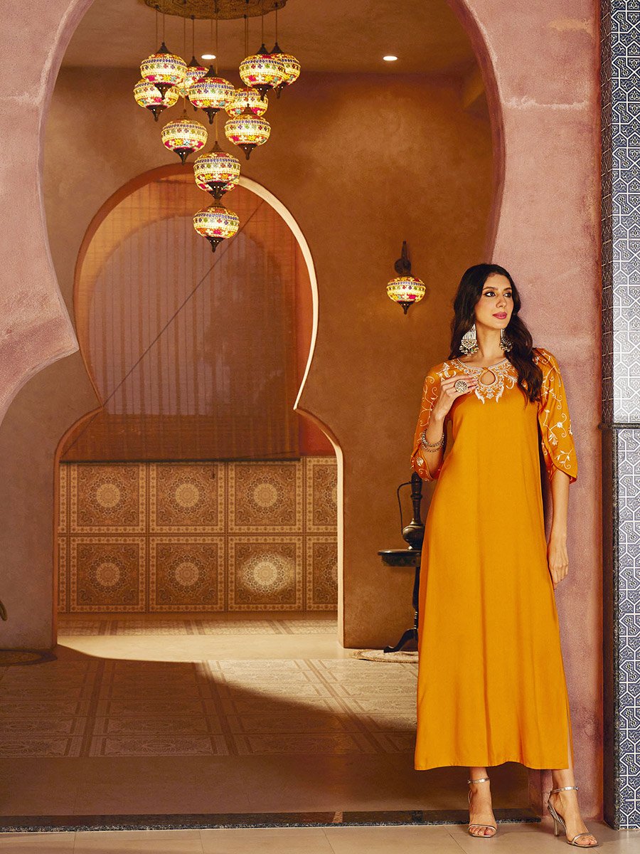 Mustard Embroidered Neck Rayon Jalabiya Dress For Women at Bahrain | Styli Mustard Embroidered Neck Rayon Jalabiya Dress For Women at Bahrain | Styli