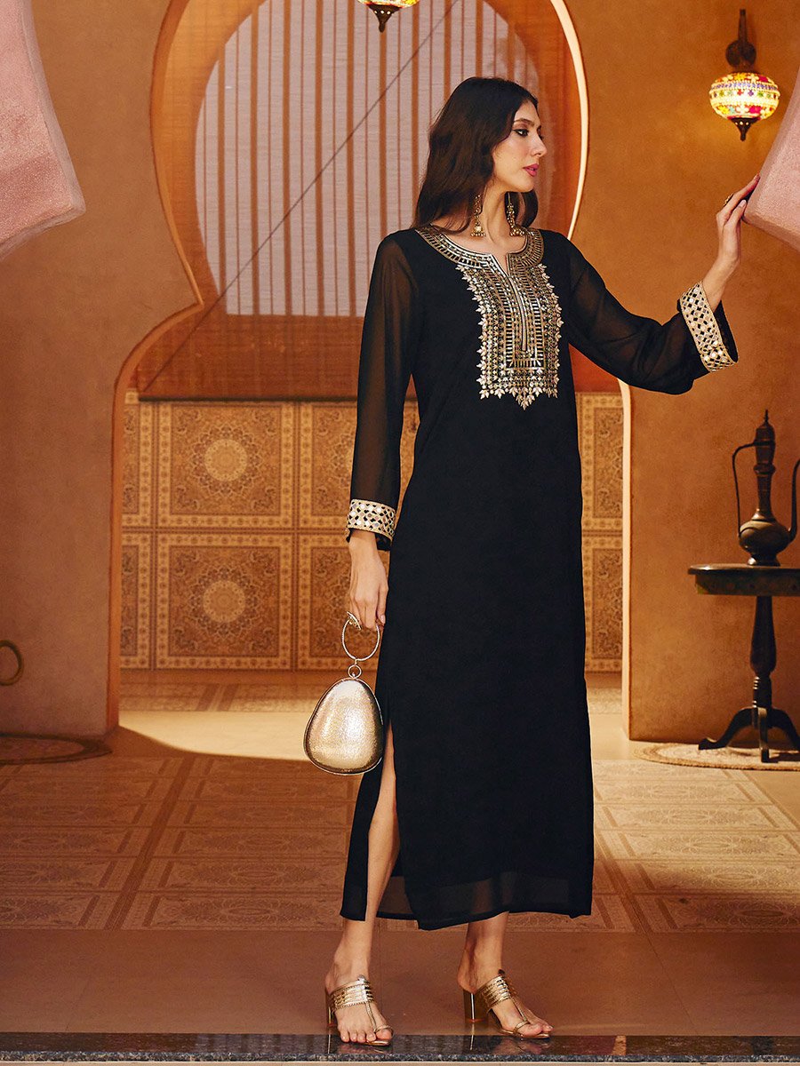 Black Embroidered Neck Maxi Dress
