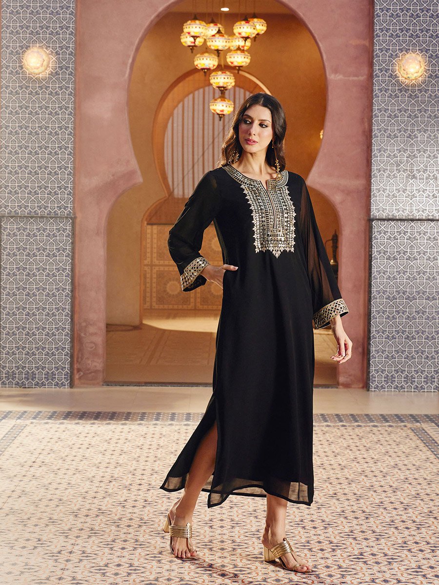 Black Embroidered Neck Maxi Dress