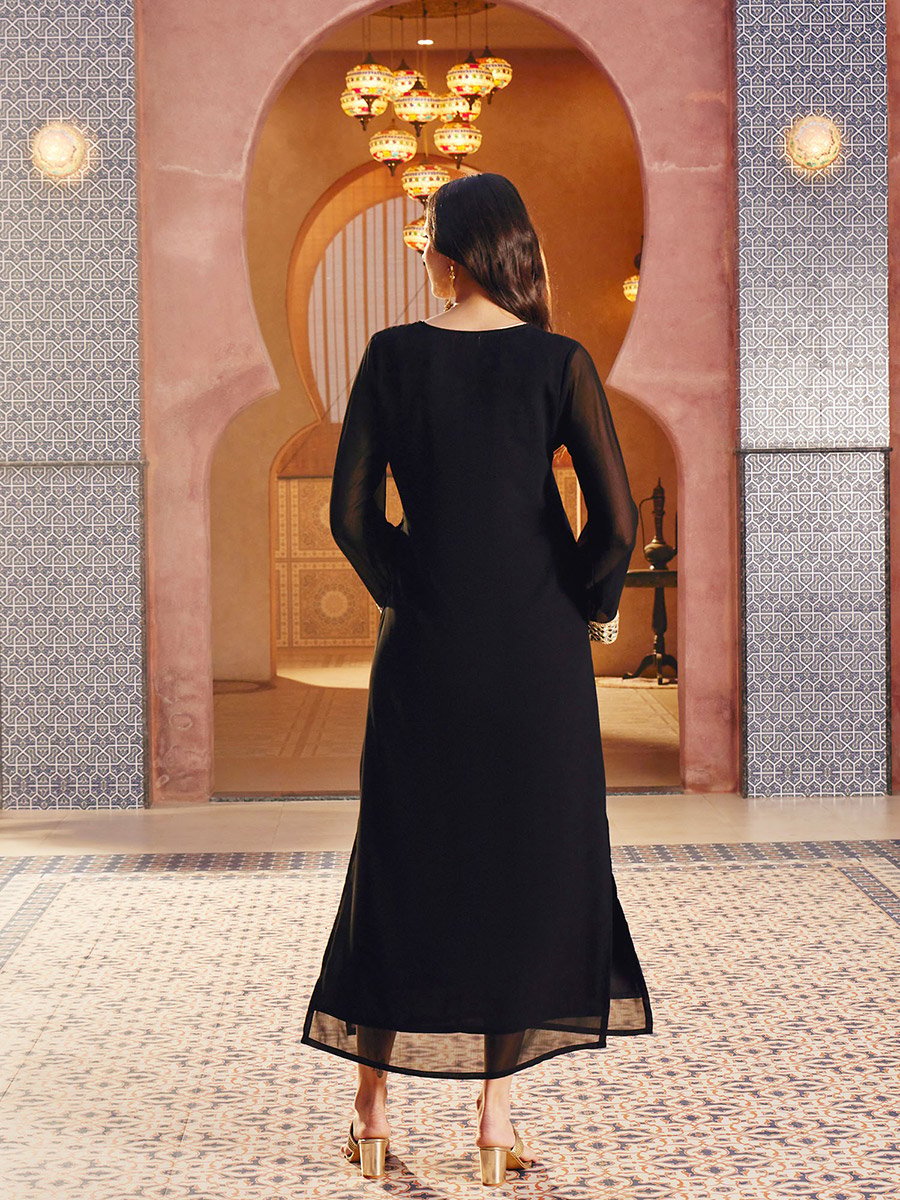 Black Embroidered Neck Maxi Dress