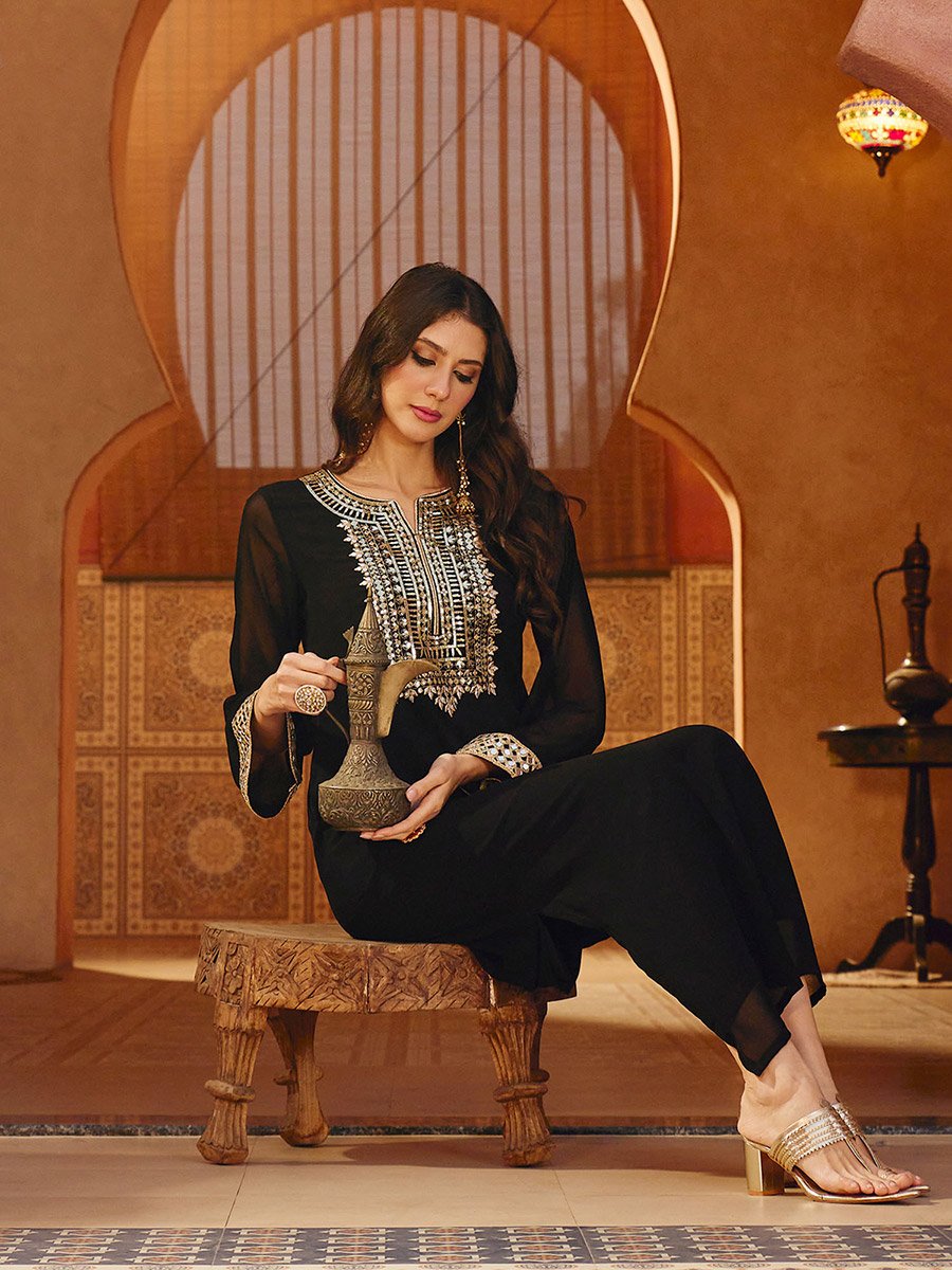 Black Embroidered Neck Maxi Dress