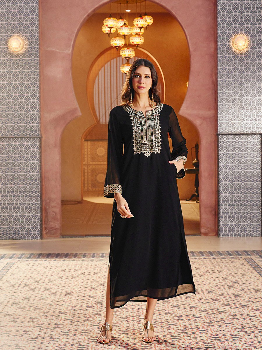 Black Embroidered Neck Maxi Dress For Women at Kuwait | Styli
