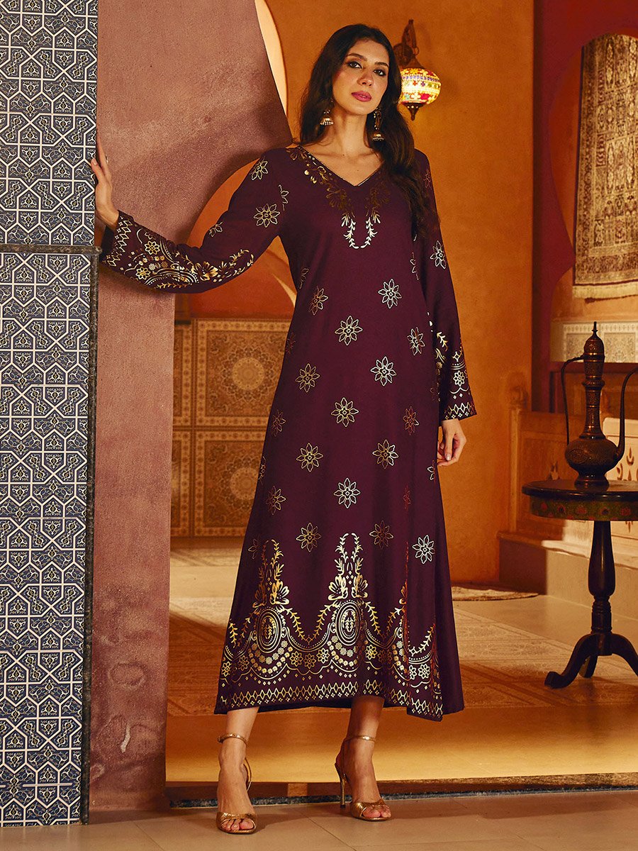 Burgundy Foil Print A-Line Jalabiya