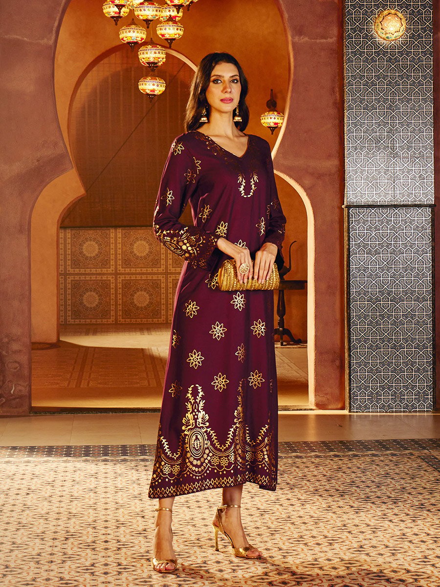Burgundy Foil Print A-Line Jalabiya