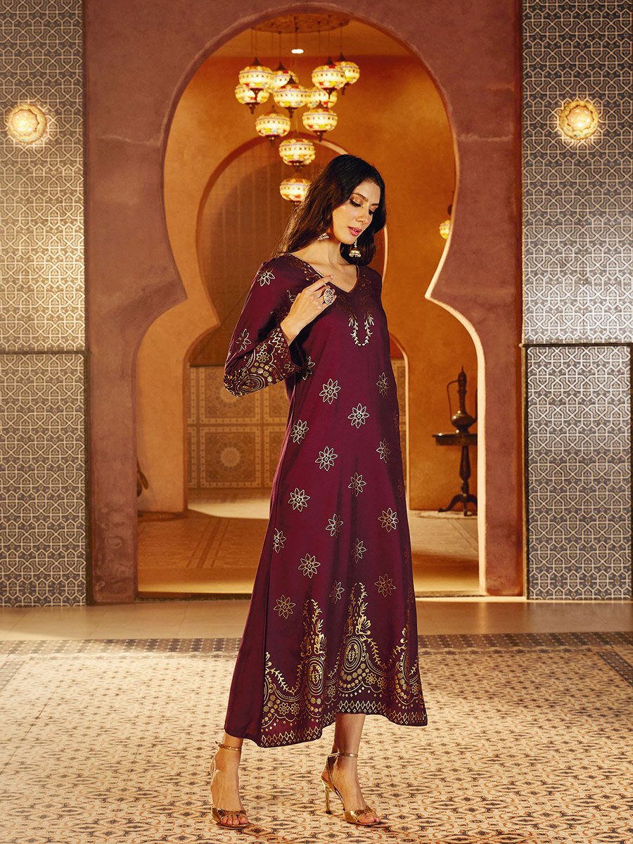 Burgundy Foil Print A-Line Jalabiya