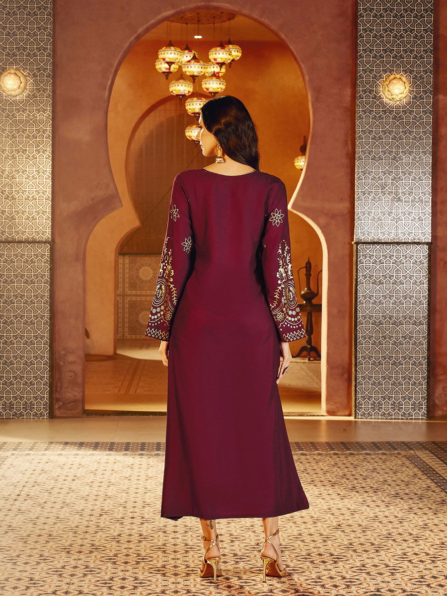 Burgundy Foil Print A-Line Jalabiya