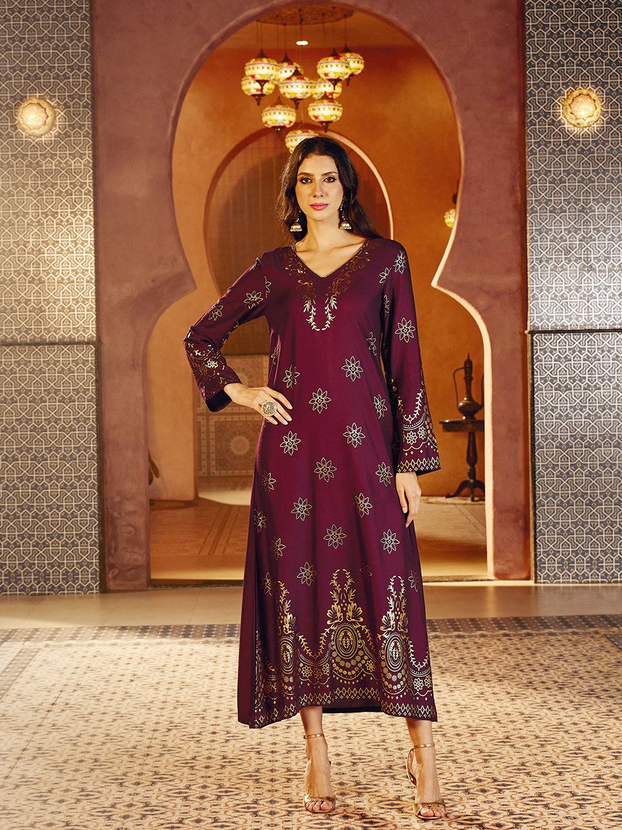 Burgundy Foil Print A-Line Jalabiya
