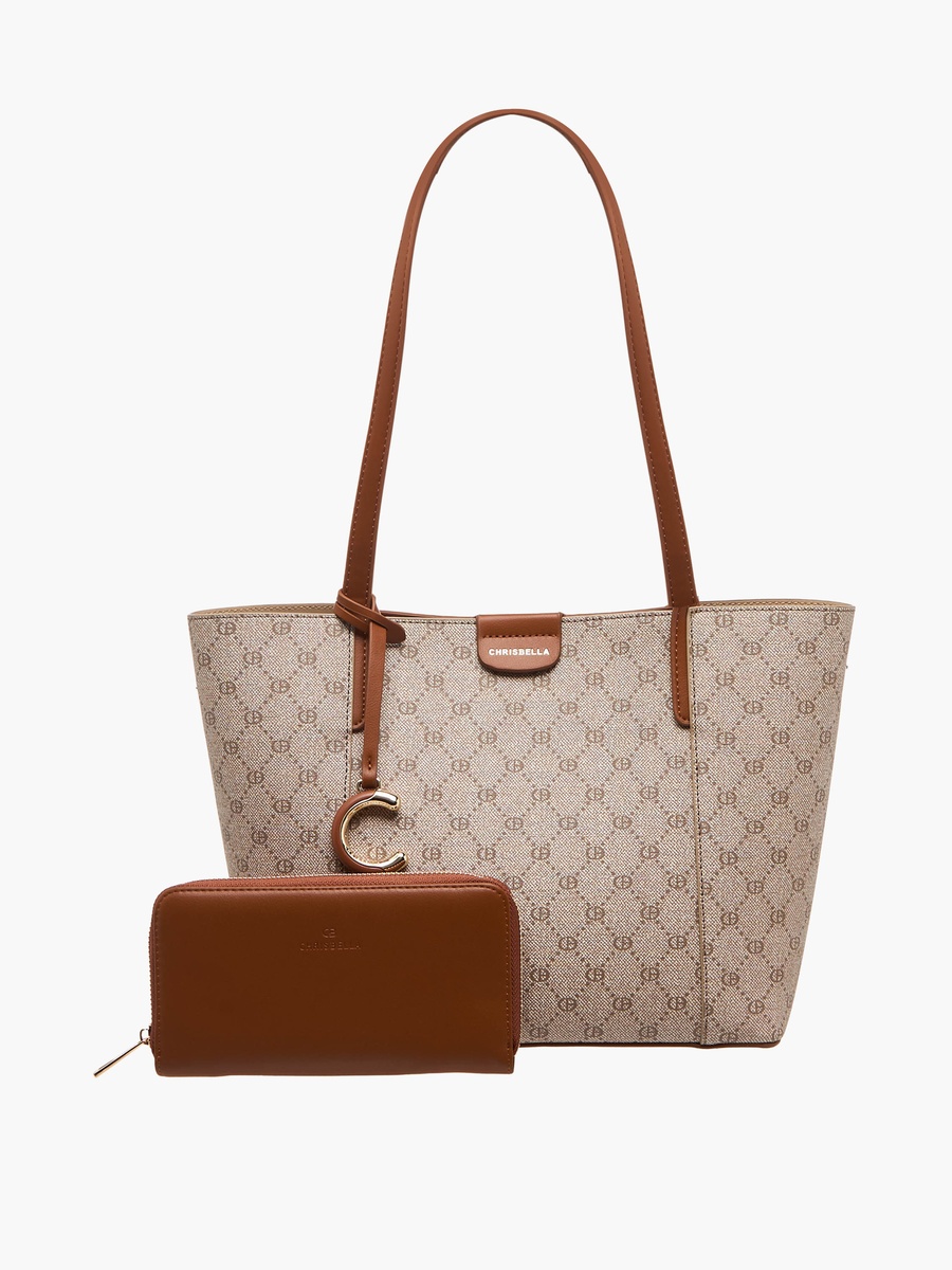 Monogram Print Tote Bag with Zip Around Wallet