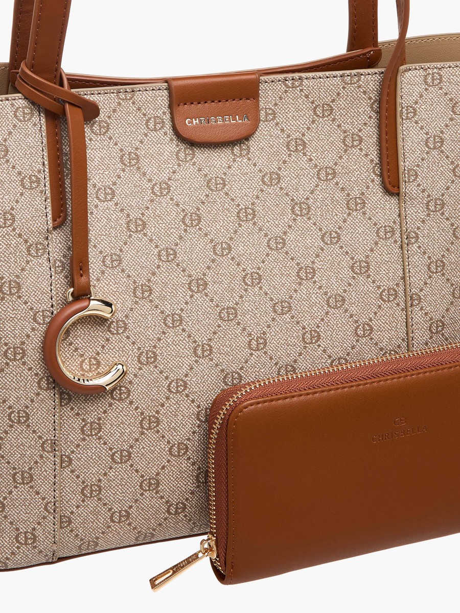 Monogram Print Tote Bag with Zip Around Wallet