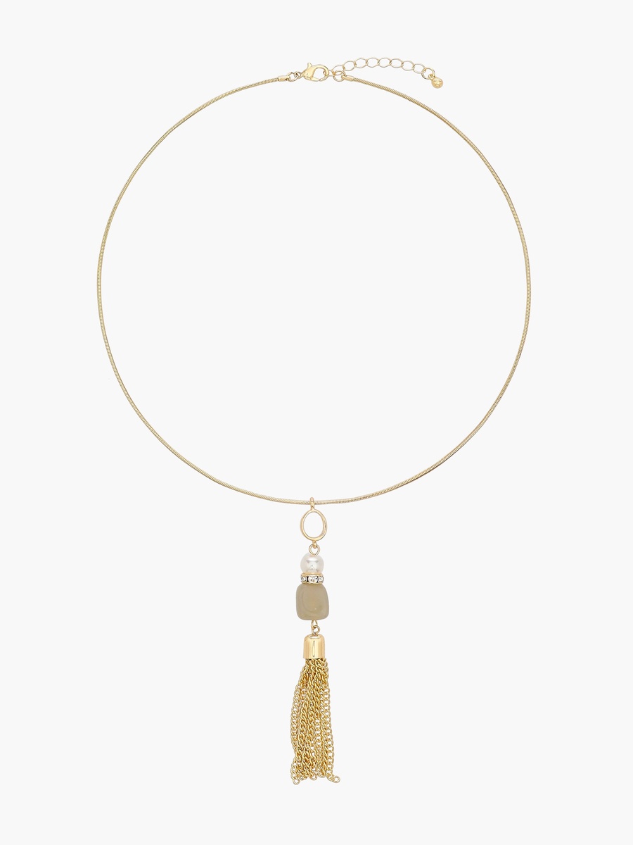 Metal Tassel Pendant Necklace with Stone Detail
