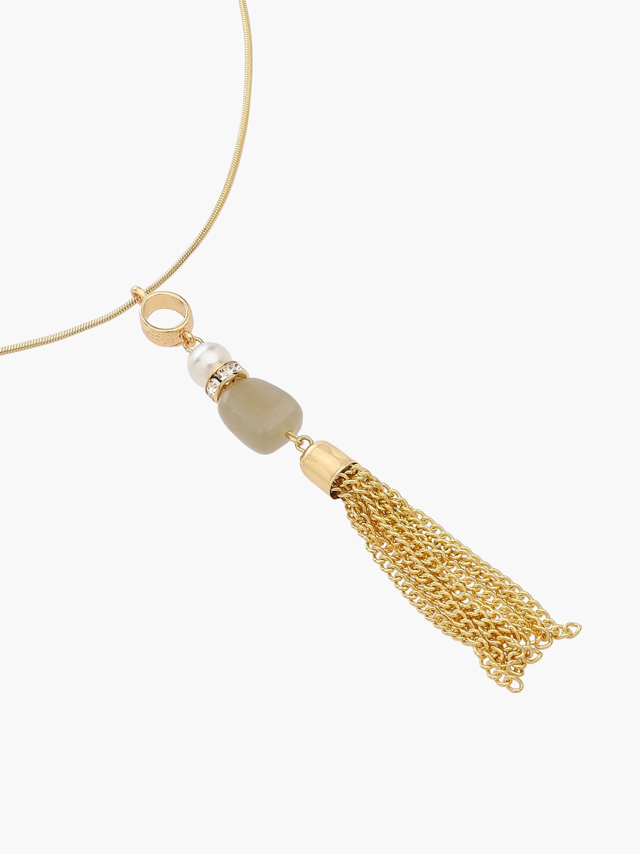 Metal Tassel Pendant Necklace with Stone Detail