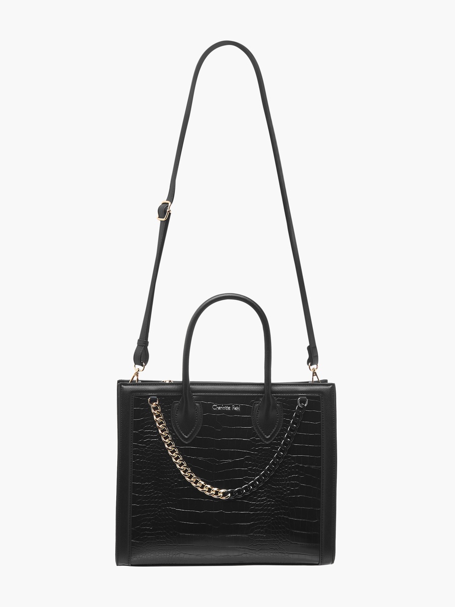 Textured Tote Bag with Chain Charm