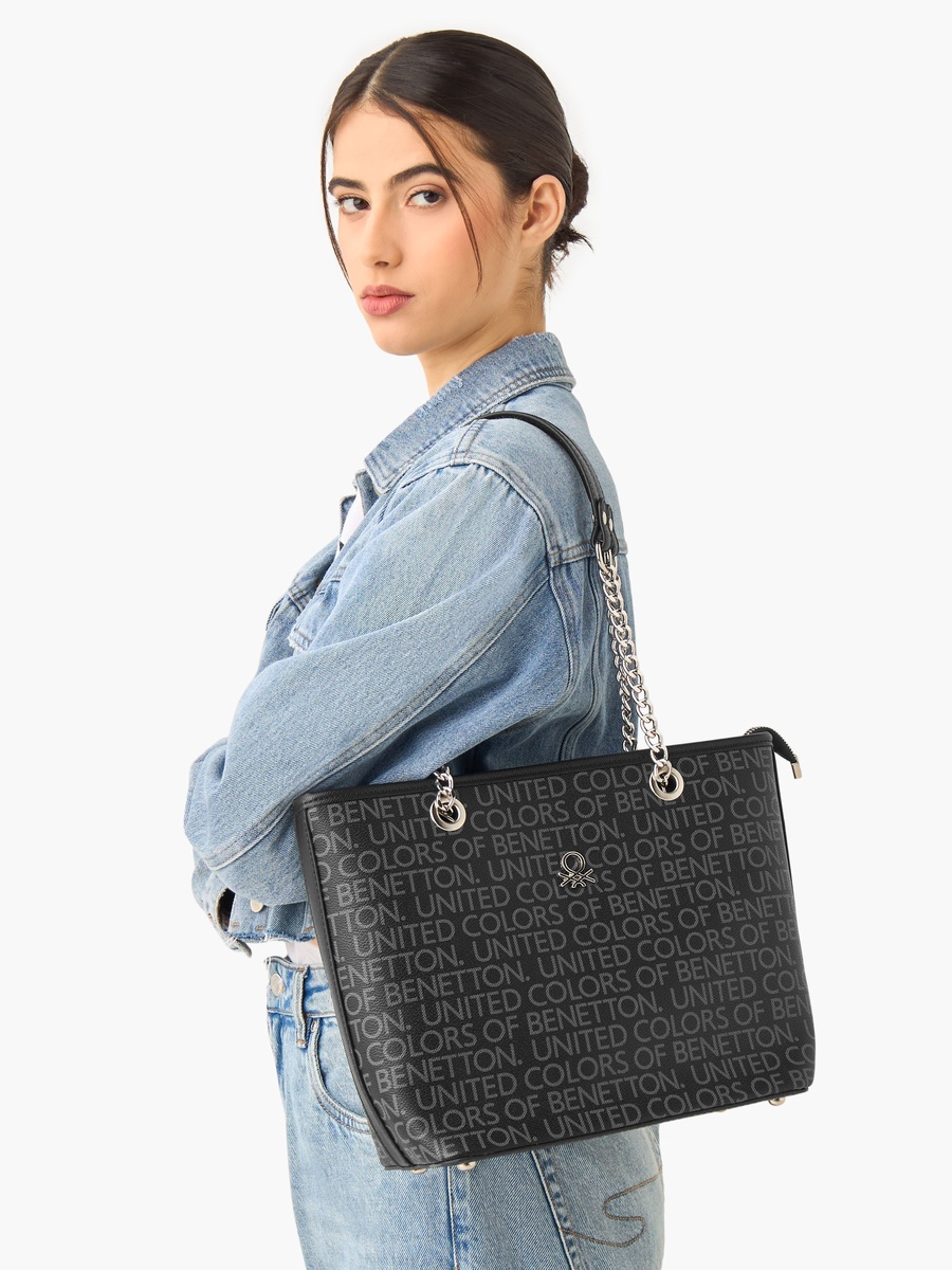 Monogram Print Tote Bag with Chain Strap