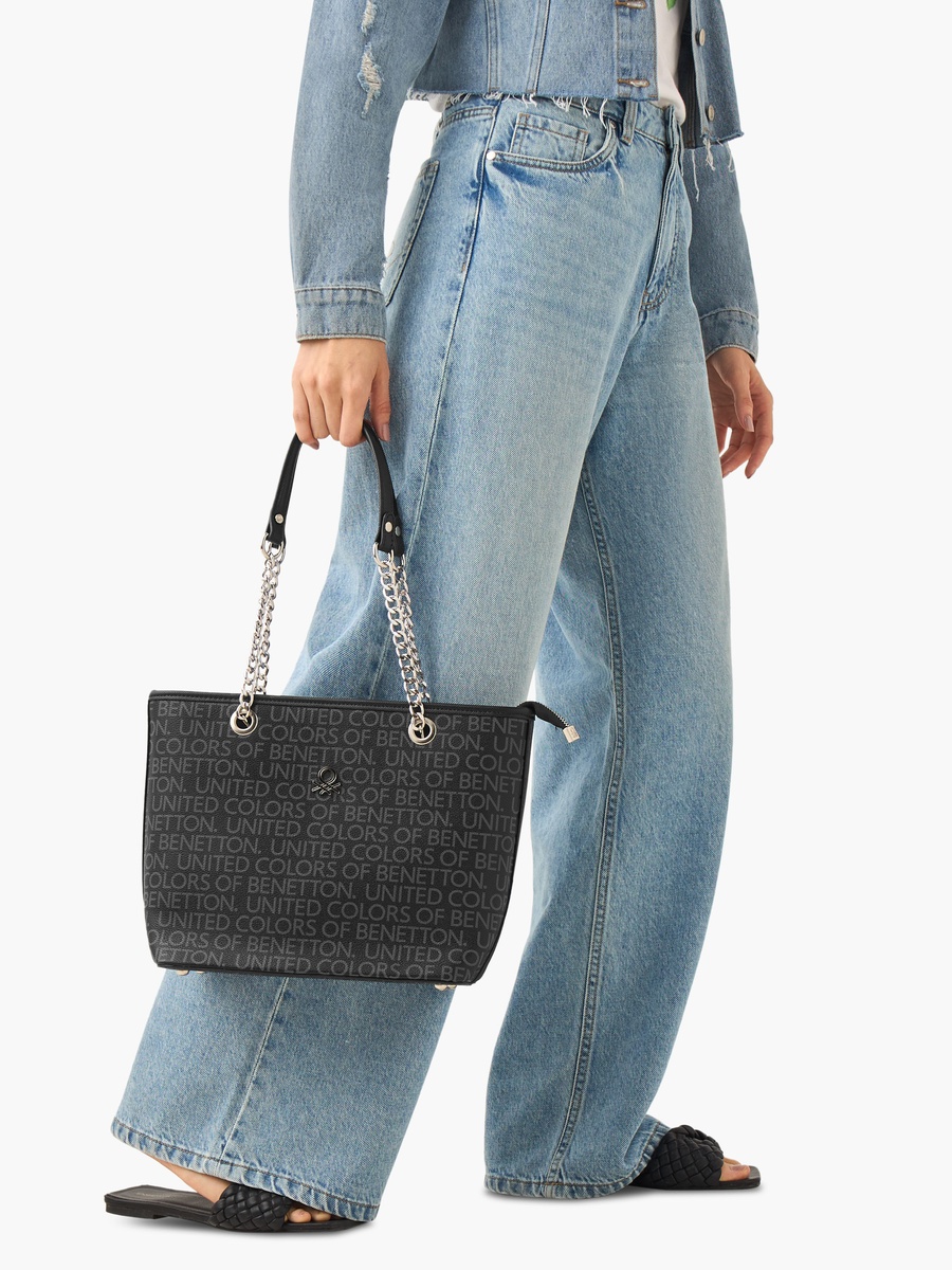 Monogram Print Tote Bag with Chain Strap