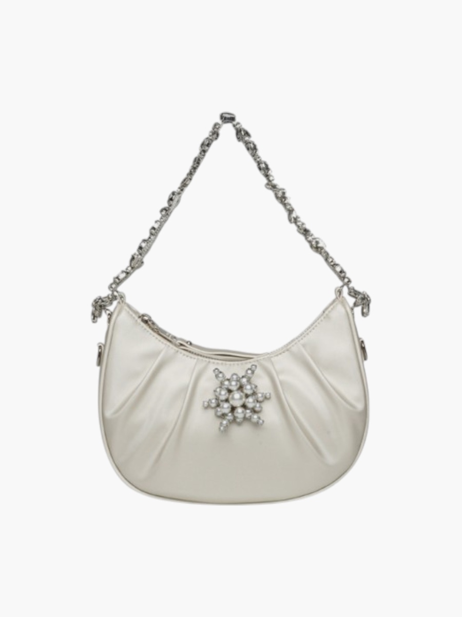 Stone Embellished Ruched Hobo Bag with Chain Strap