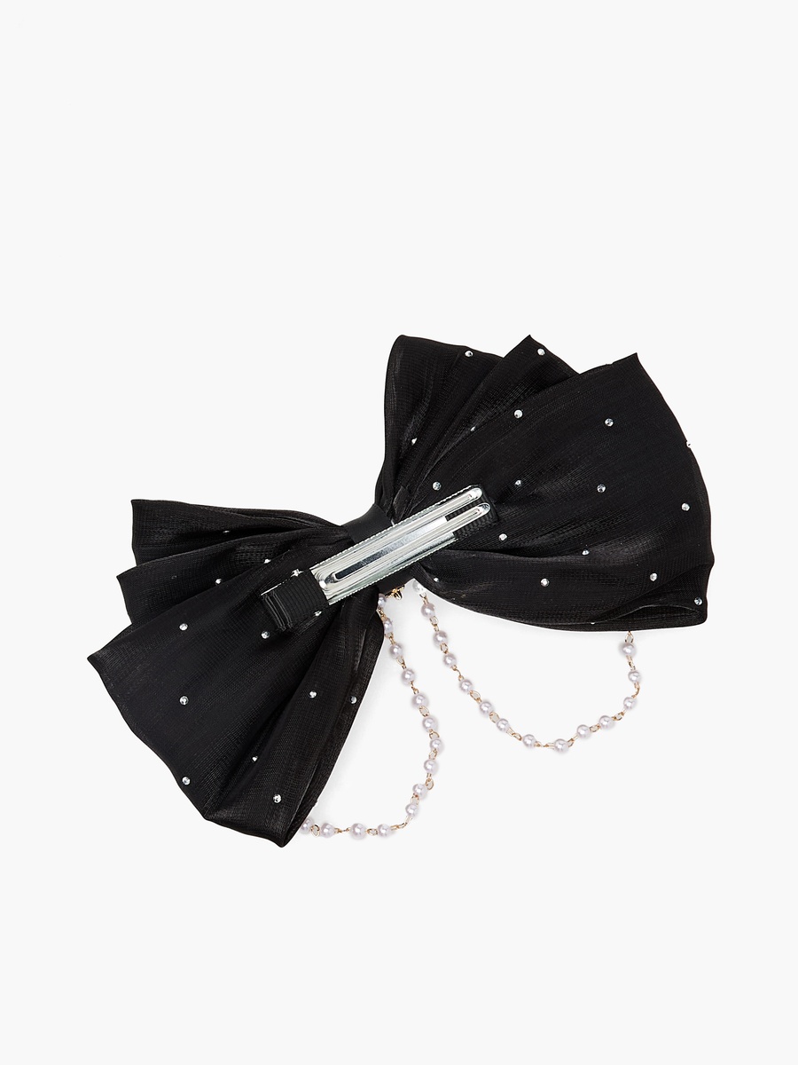 Bow Shape Barrette Hair Clip with Stone and Pearl Embellishments