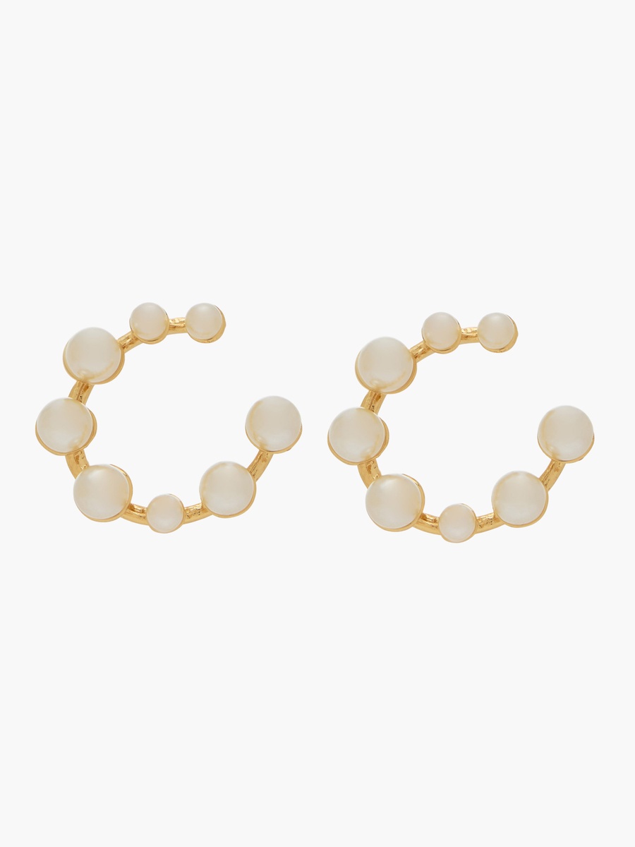 Gold Tone Pearl Stud Hoop Earrings with Pushback Closure