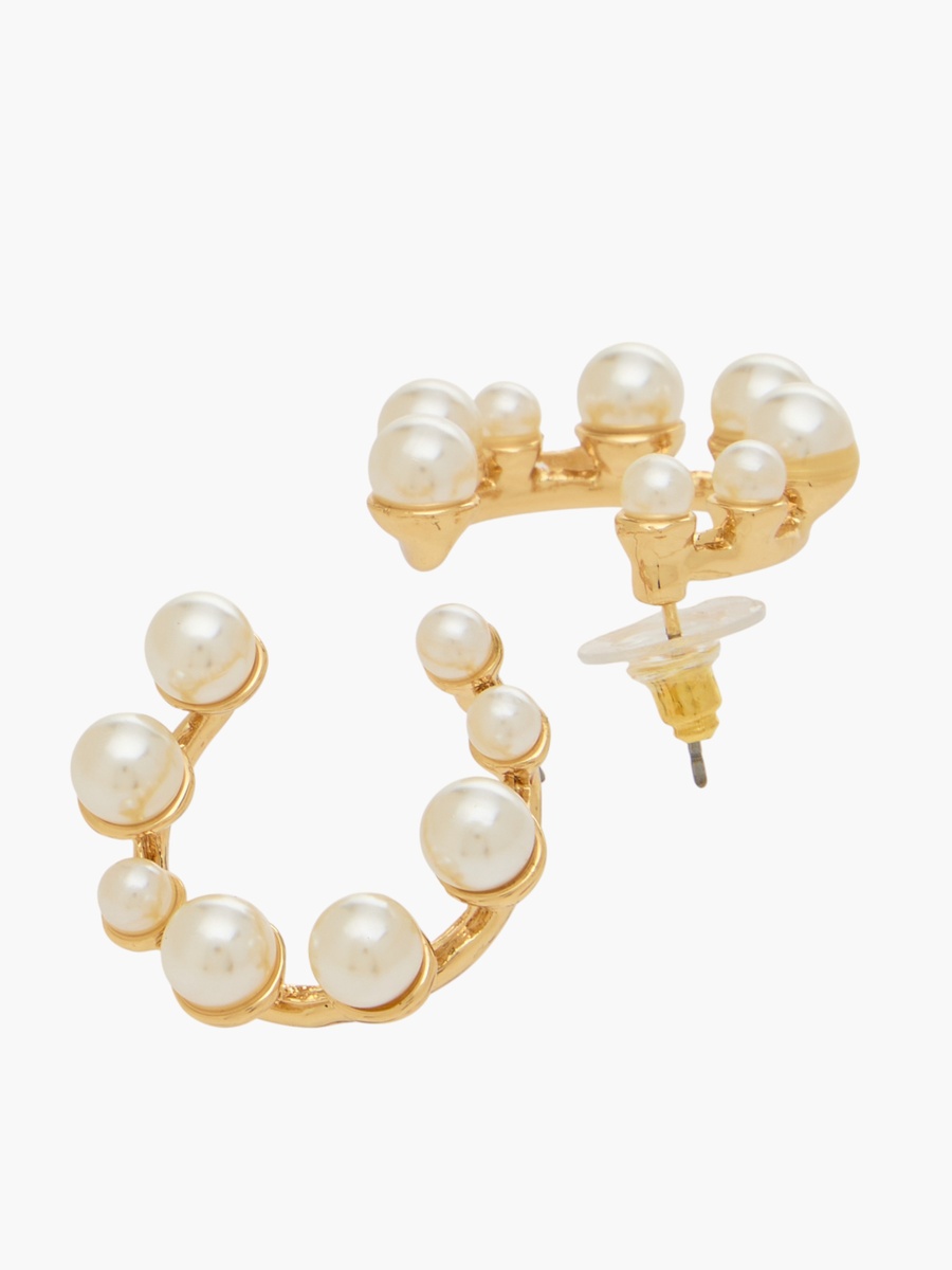 Gold Tone Pearl Stud Hoop Earrings with Pushback Closure