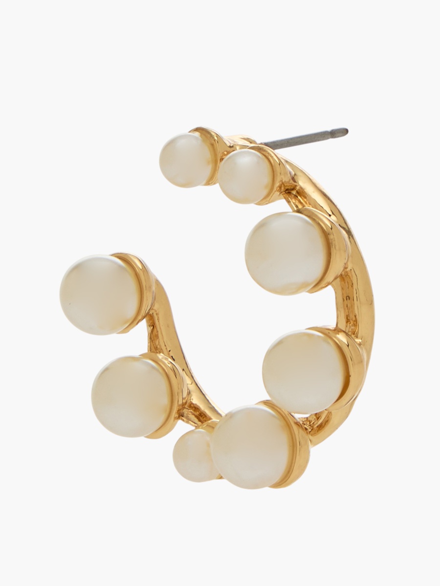 Gold Tone Pearl Stud Hoop Earrings with Pushback Closure