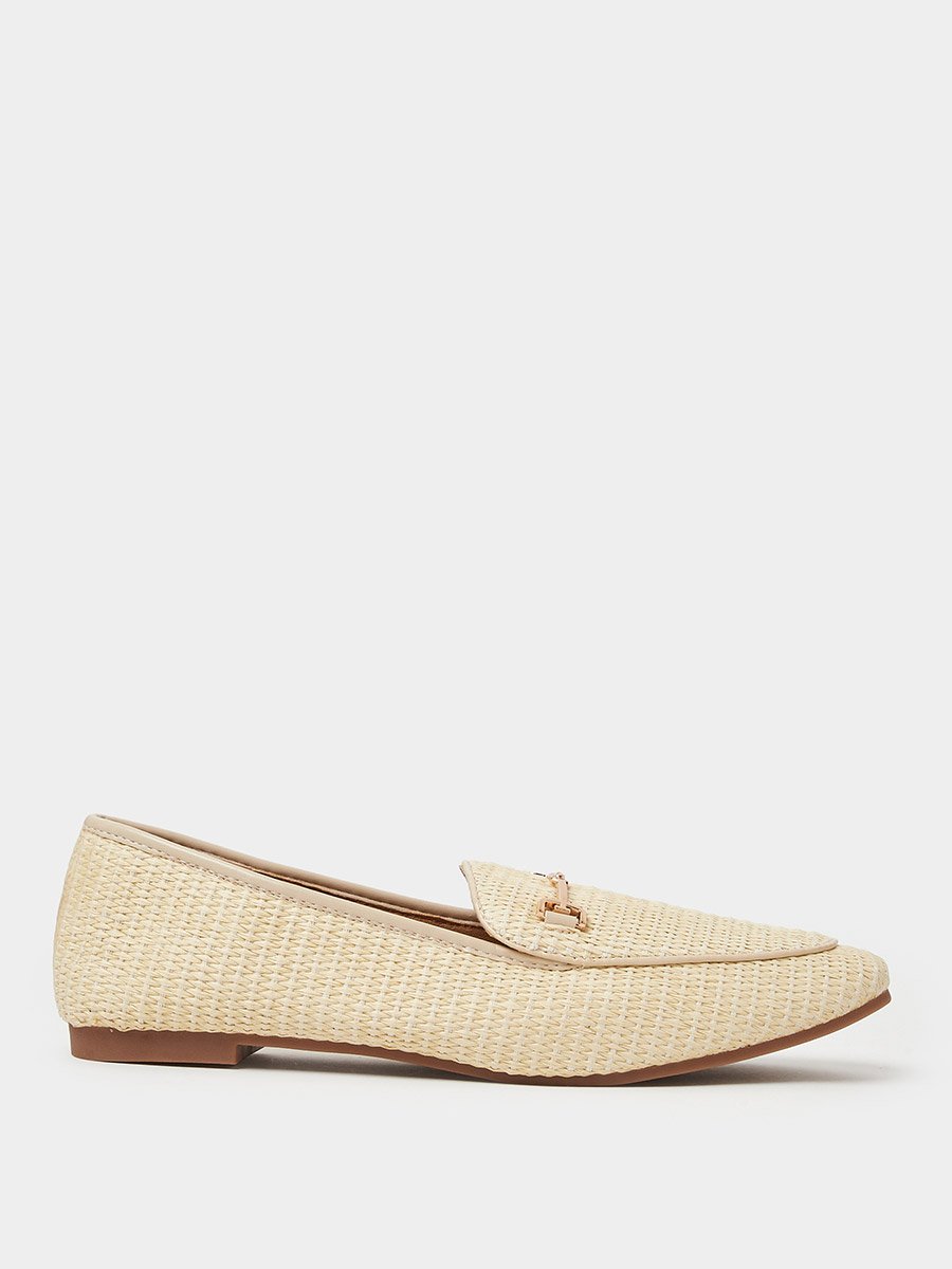 Beige Raffia Woven Flat Loafers