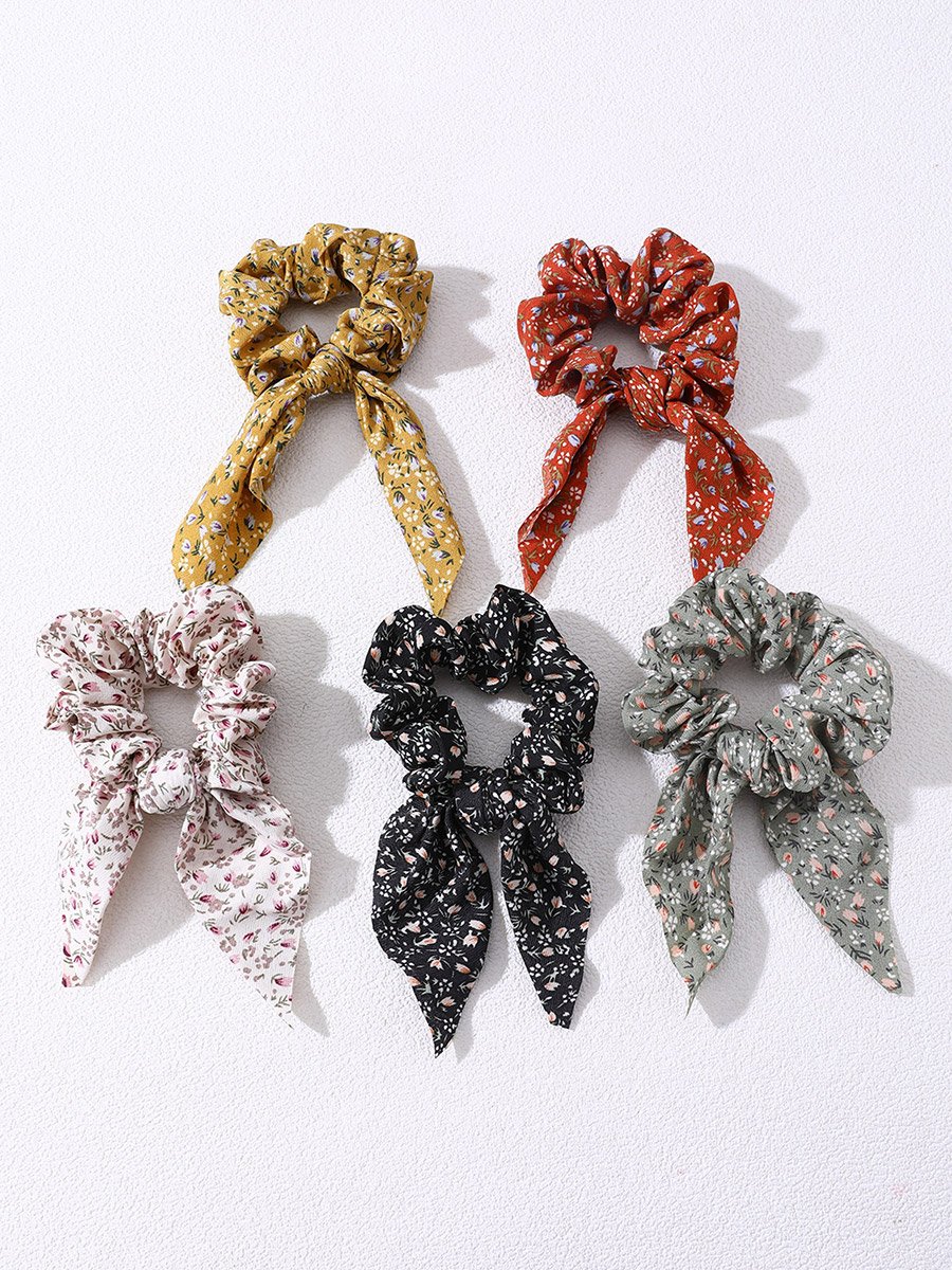 Pack of 5 - Floral Print Hair Scrunchies with Ribbon Ties