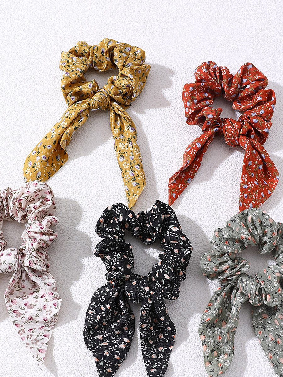 Pack of 5 - Floral Print Hair Scrunchies with Ribbon Ties