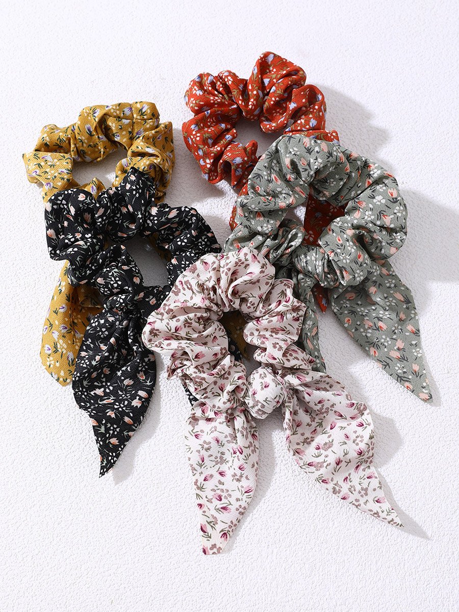 Pack of 5 - Floral Print Hair Scrunchies with Ribbon Ties