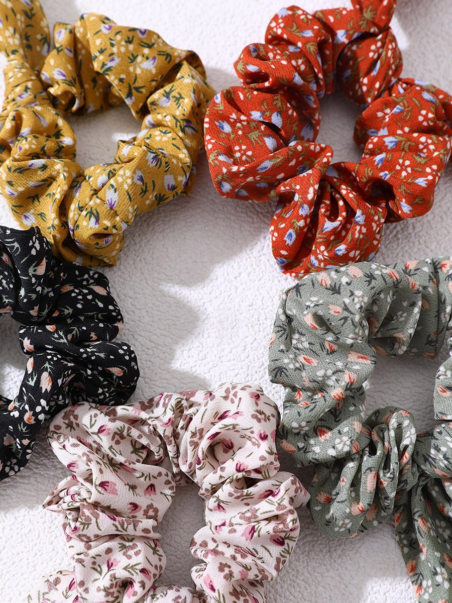 Pack of 5 - Floral Print Hair Scrunchies with Ribbon Ties