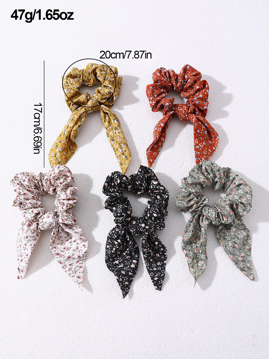 Pack of 5 - Floral Print Hair Scrunchies with Ribbon Ties